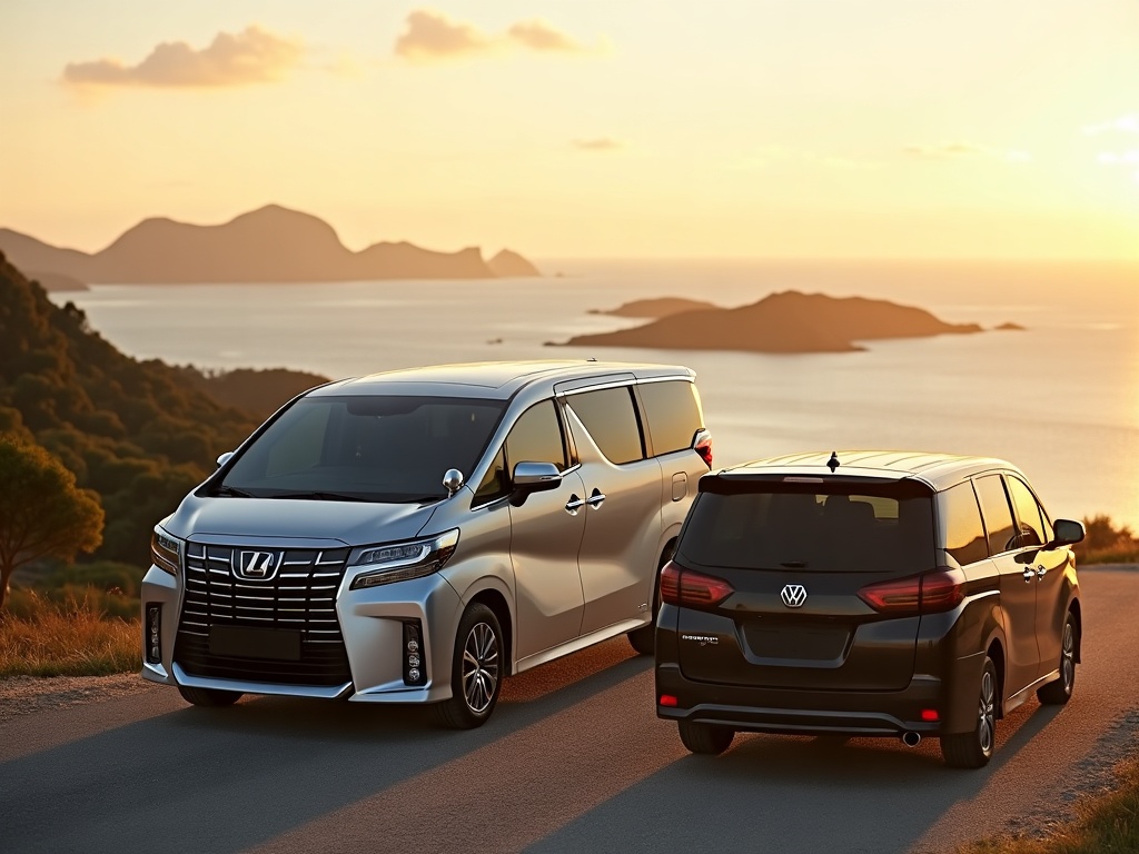 An MPV and a VIP van parked on a Labuan Bajo hillside road overlooking the harbor at golden hour