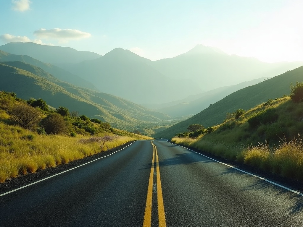 A winding empty Flores overland road through green volcanic hills in morning haze
