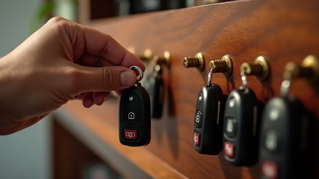 A hand lifting a car key fob from a carved teak key rack with brass hooks at dawn